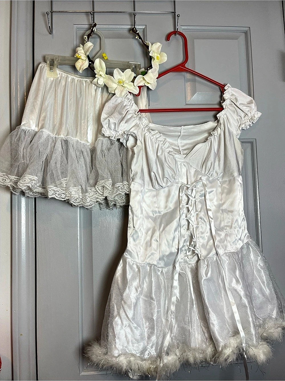 White Angel Fairy Costume 3 Piece Set Satin Lace Dress Floral Crown